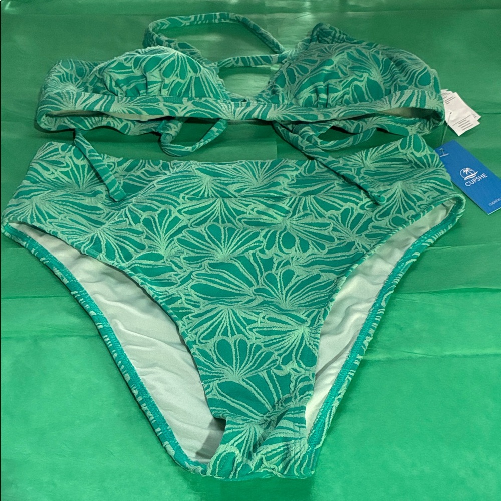 Cupshe Teal Leaf Print Bikini Set